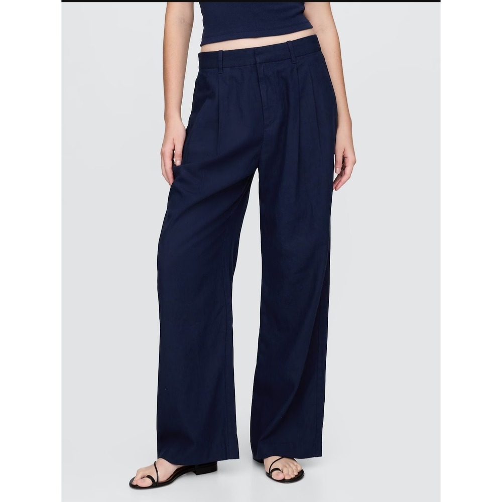 New Gap Pants Trousers Size 16 Tall 365 Linen Blend‎ Pleated Wide Leg Navy NWT